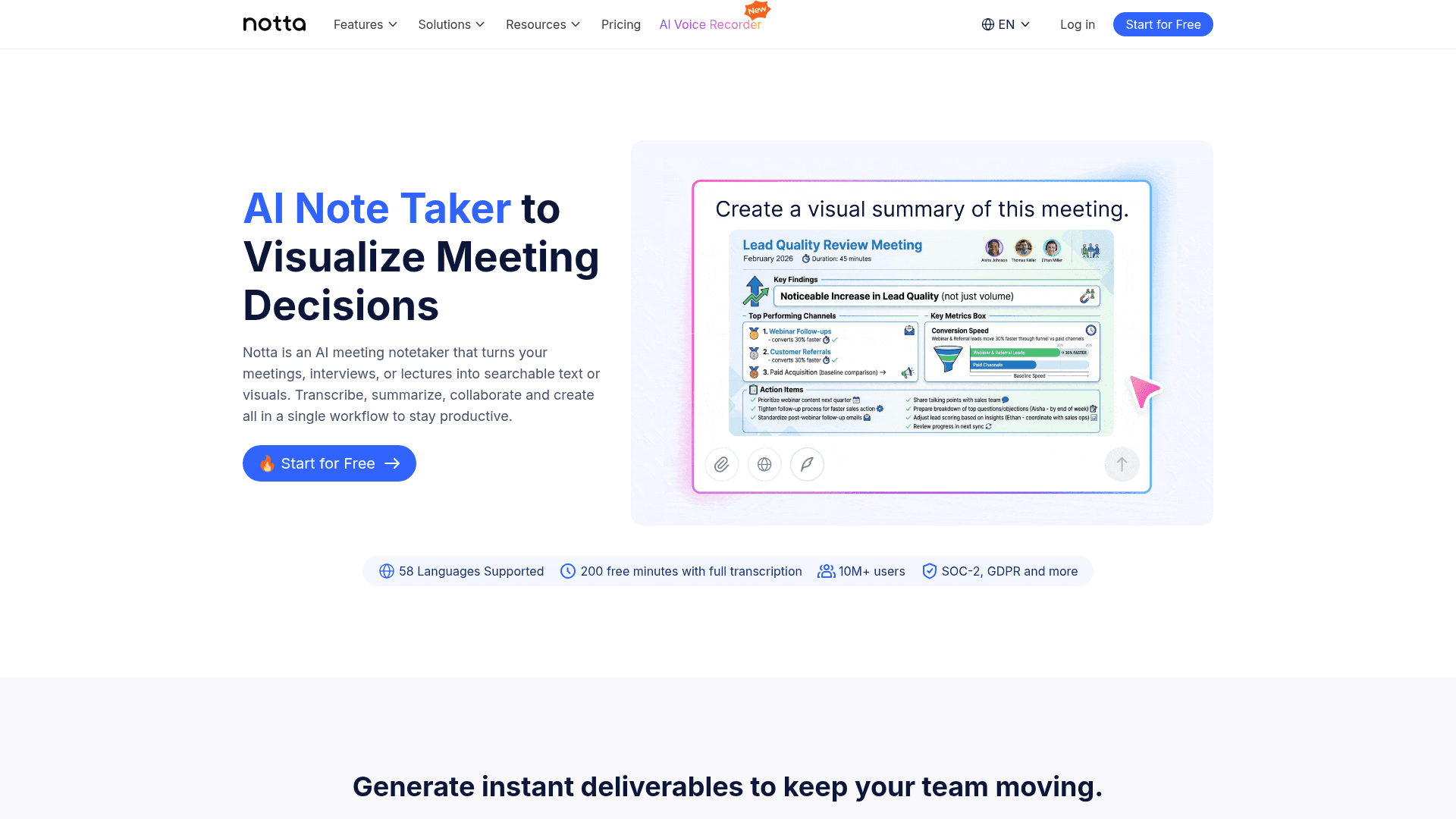 Interface Notta, O Assistente de Reuniões com IA e Transcrição Inteligente, exibindo funcionalidades