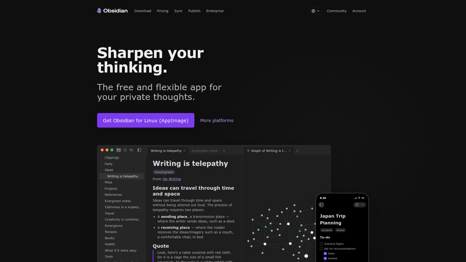Interface Obsidian, Organize Seus Pensamentos e Notas, exibindo funcionalidades