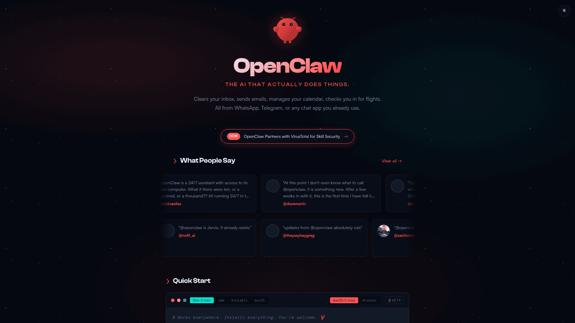 Interface OpenClaw, — Seu Assistente IA Pessoal, Open Source e Local, exibindo funcionalidades
