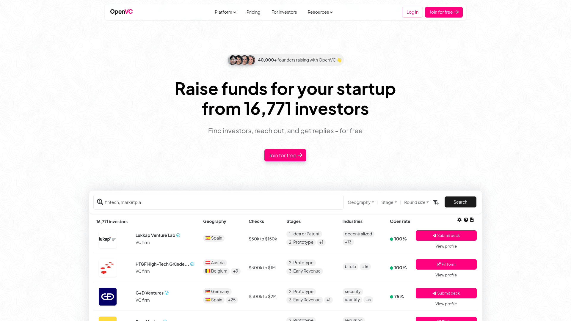 Interface OpenVC, Conecte-se com Investidores para sua Startup, exibindo funcionalidades