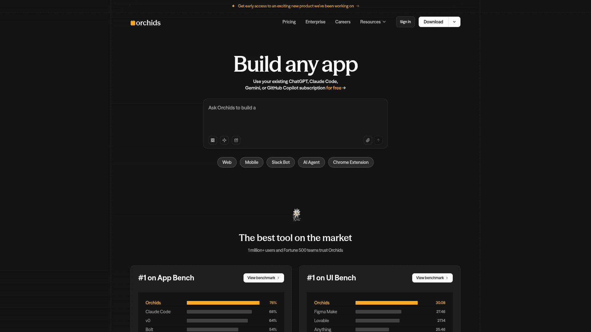 Interface Orchids, Desenvolva seu Aplicativo com IA, exibindo funcionalidades