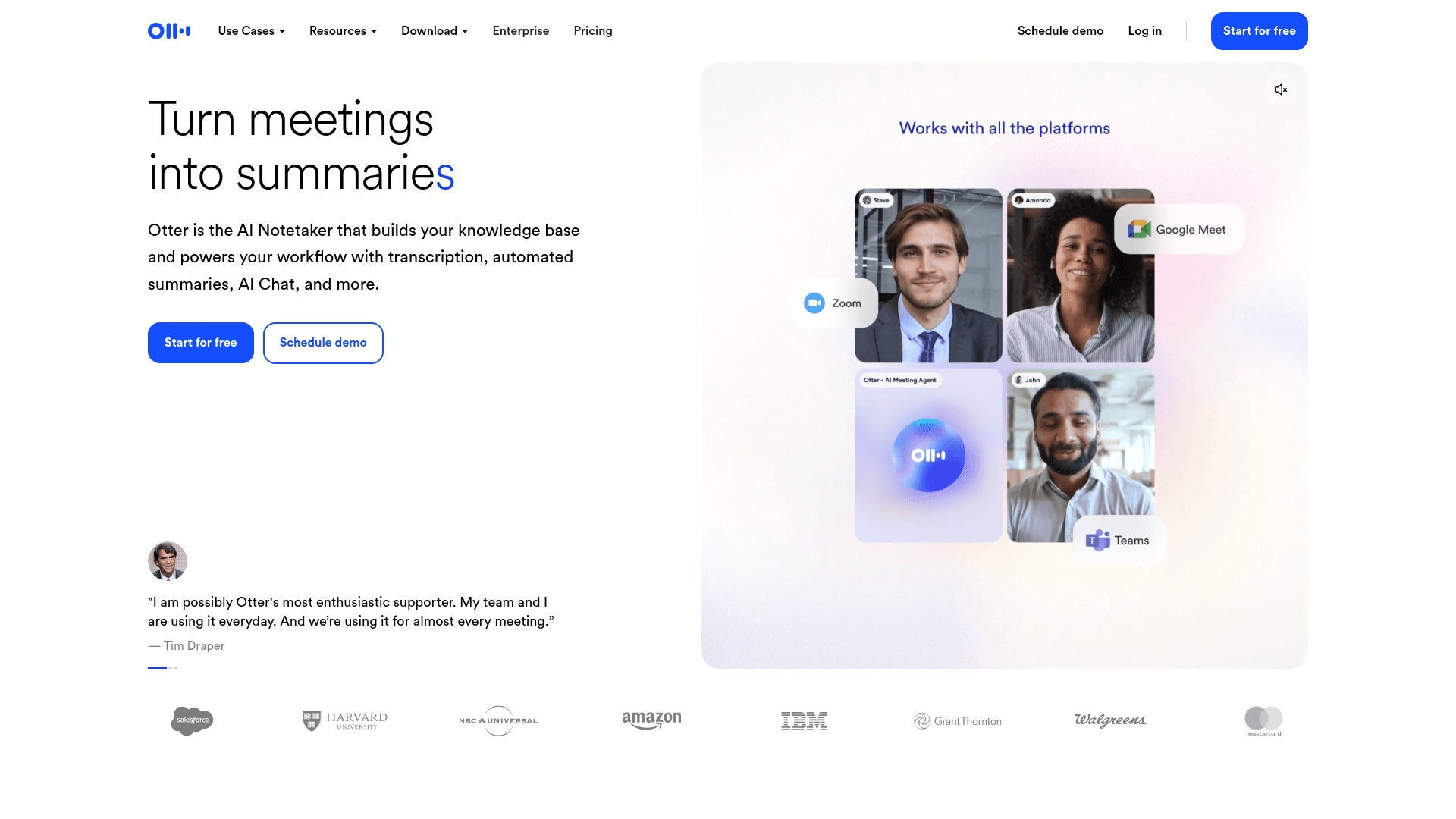Interface Otter.ai, Transcrições e Sumários de Reuniões com IA, exibindo funcionalidades
