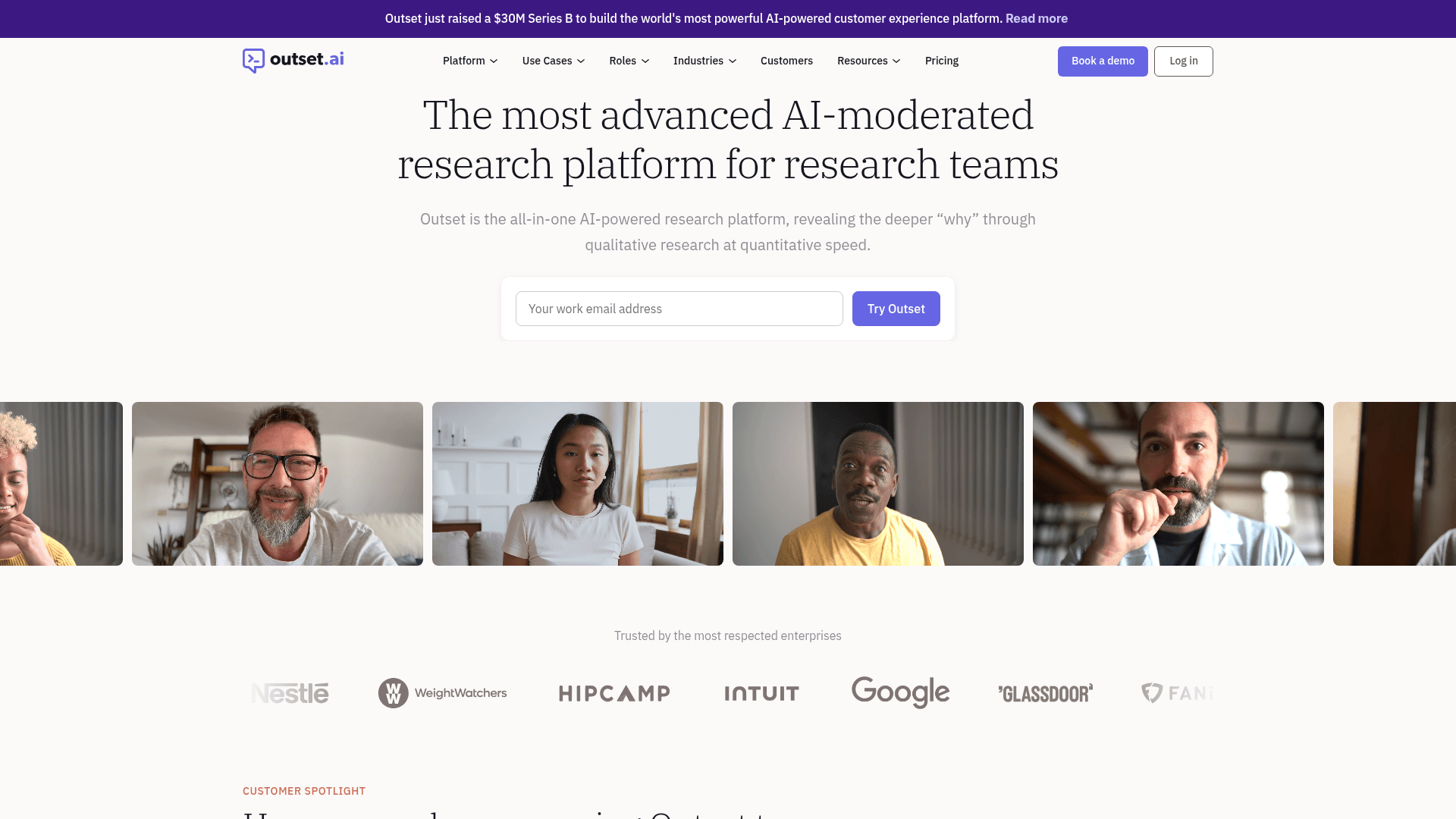 Interface Outset, Plataforma de Pesquisa com IA para Equipes, exibindo funcionalidades