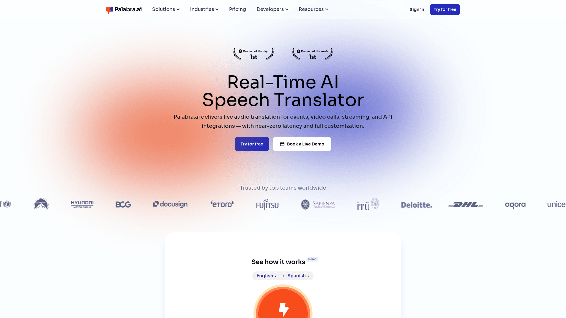 Interface Palabra ai, Tradutor de Voz e Fala em Tempo Real, exibindo funcionalidades