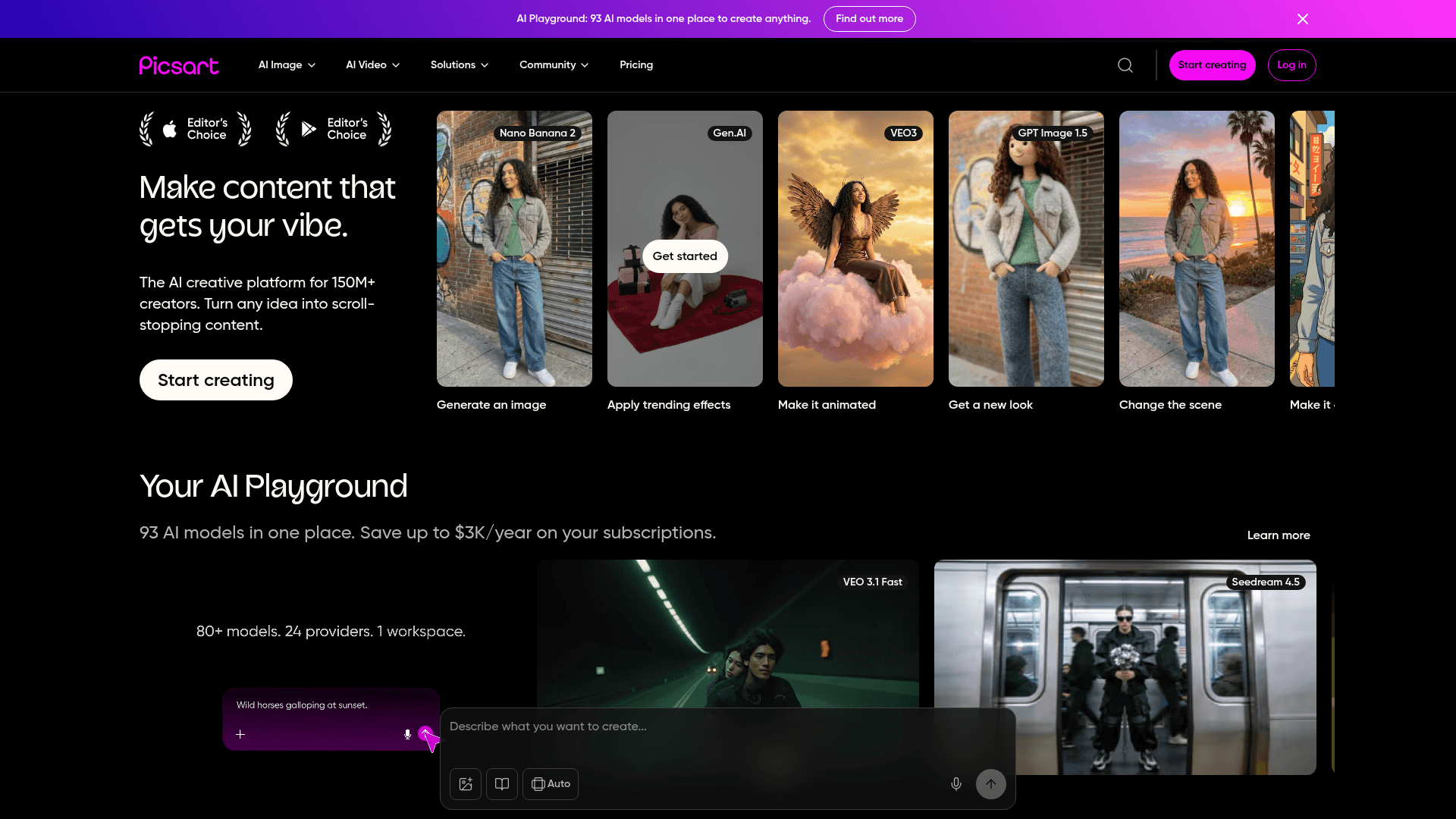 Interface Picsart, Plataforma Criativa de IA Completa, exibindo funcionalidades