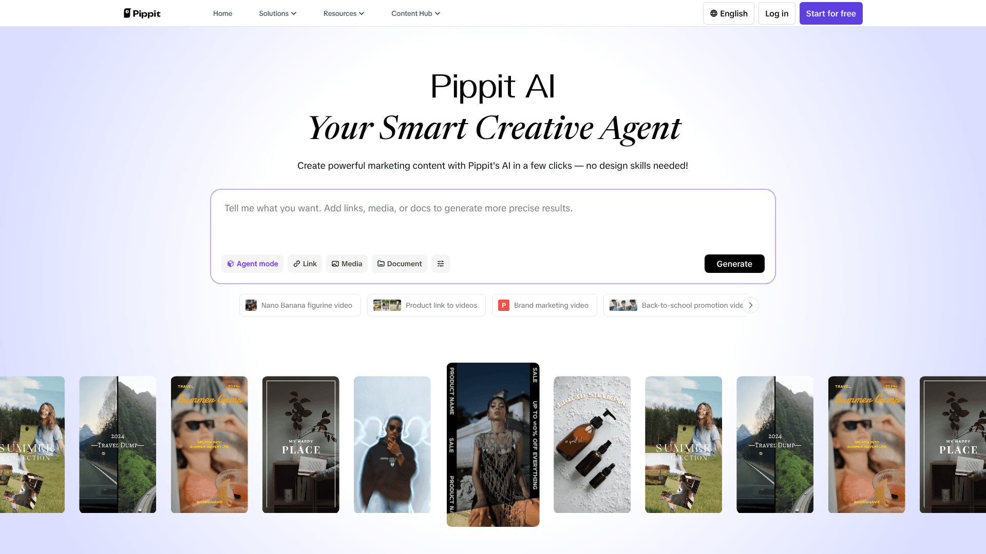 Interface Pippit AI, Seu Agente Criativo Inteligente, exibindo funcionalidades