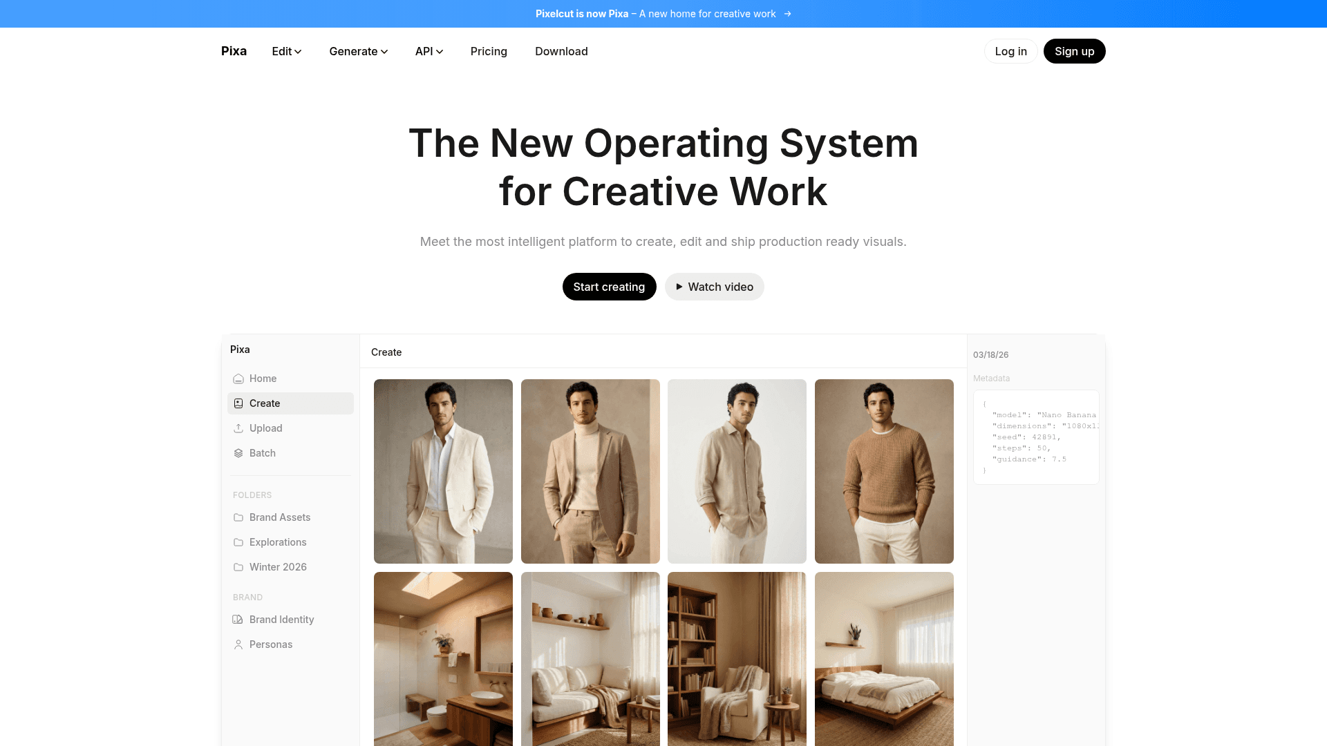 Interface Pixa, O Sistema Operacional para o Trabalho Criativo, exibindo funcionalidades