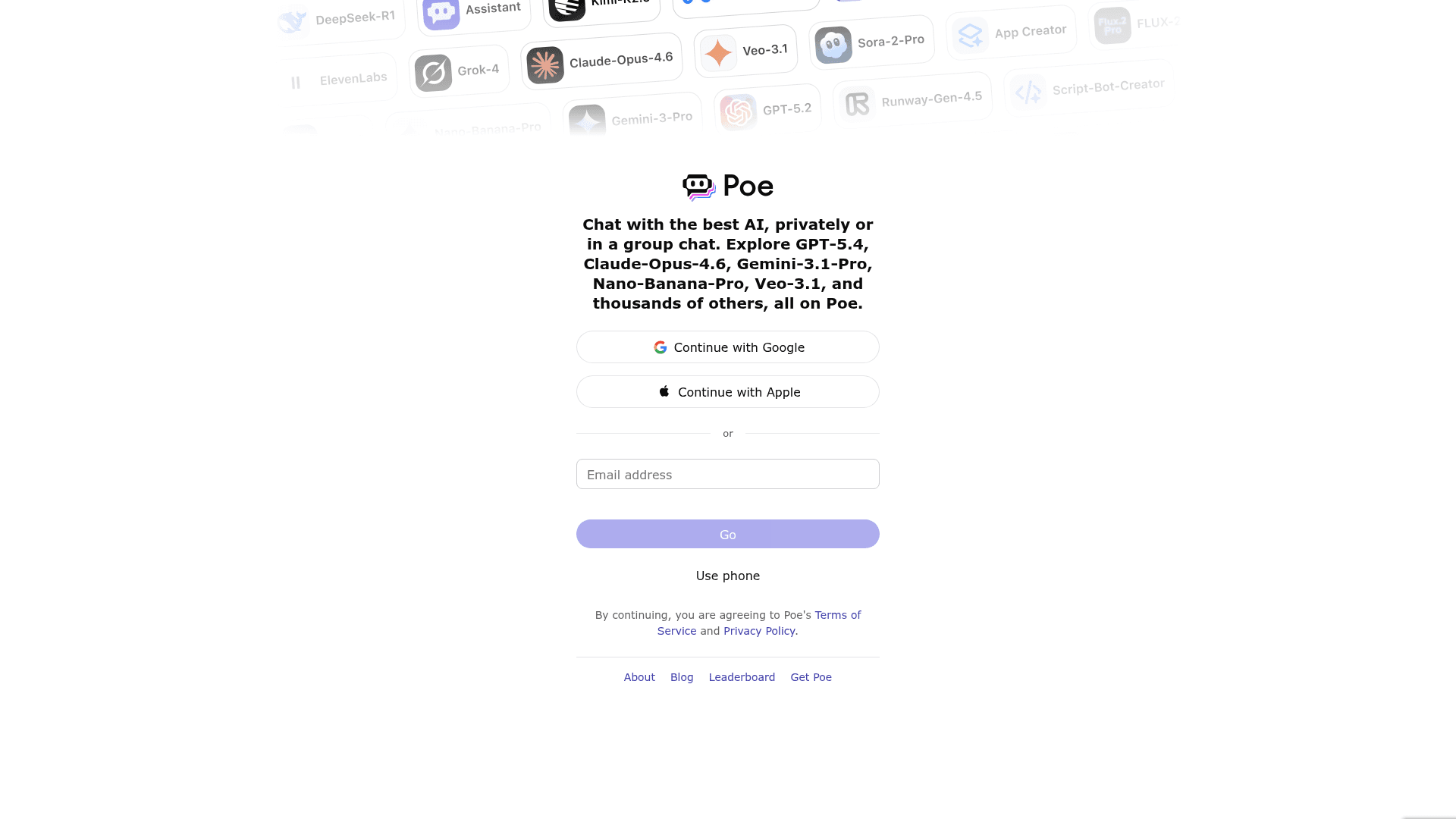 Interface Poe, Chat com a Melhor IA e Explore Modelos Avançados, exibindo funcionalidades