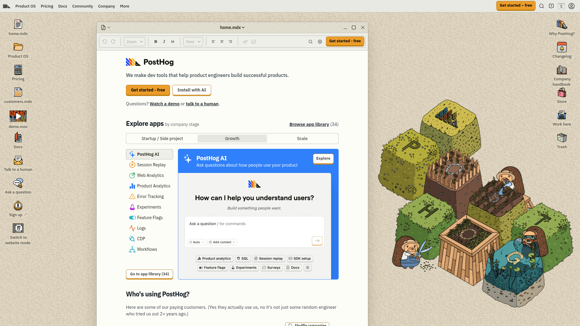 Interface PostHog, Ferramentas de IA para Produtos de Sucesso, exibindo funcionalidades