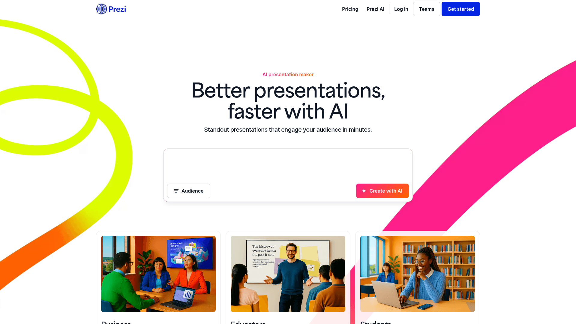 Interface Prezi, Apresentações de Impacto com IA, exibindo funcionalidades