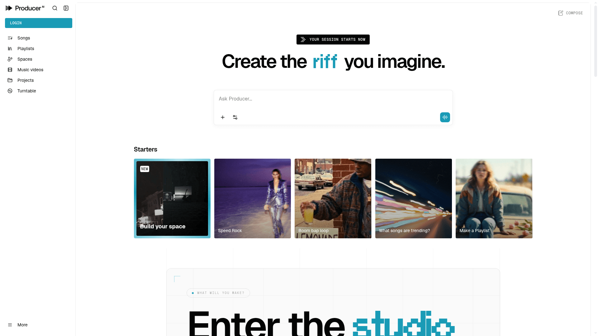Interface PRODUCER, Crie a Música que Você Imagina, exibindo funcionalidades