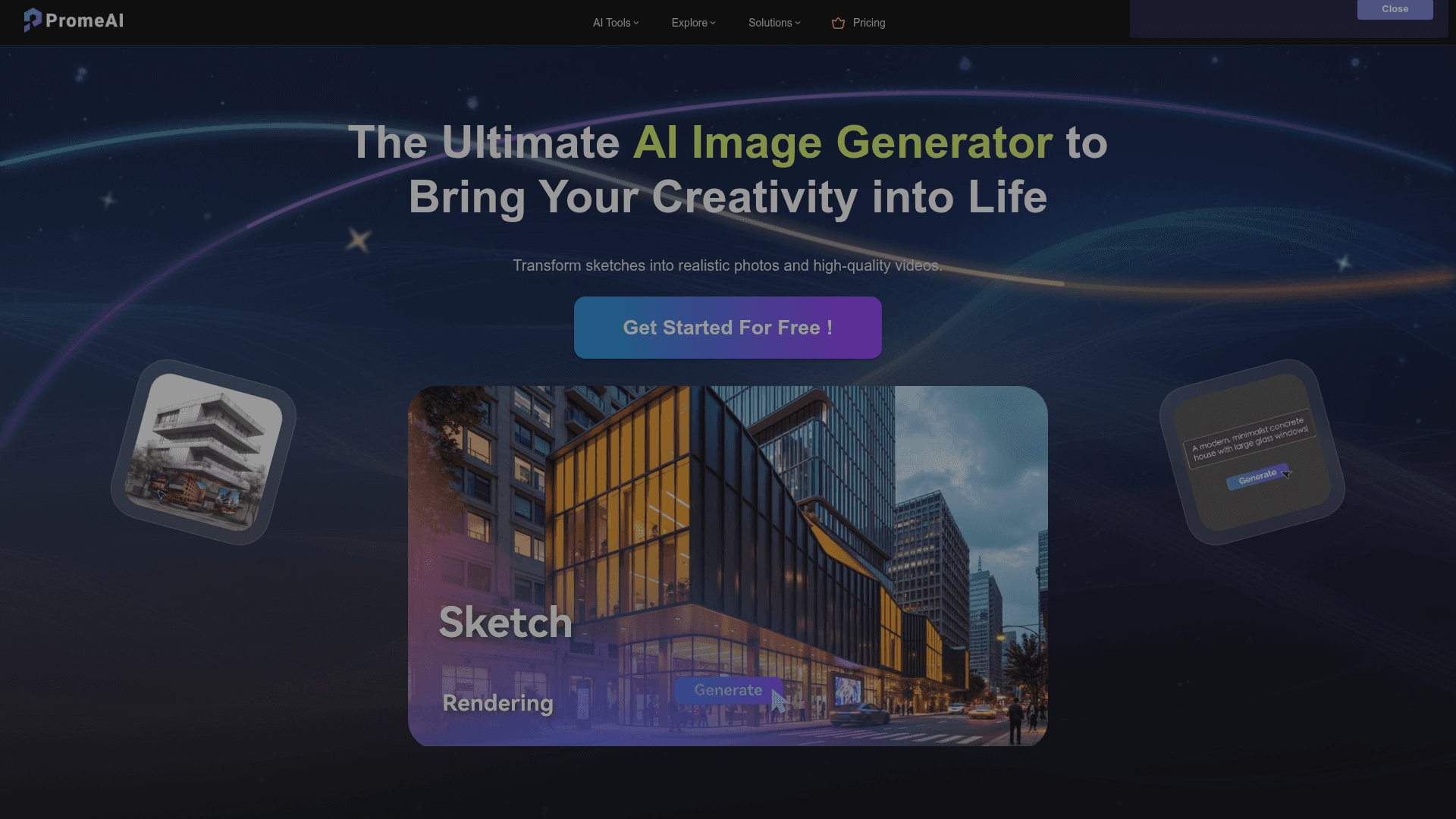 Interface PromeAI, Gerador de Imagens IA Definitivo, exibindo funcionalidades