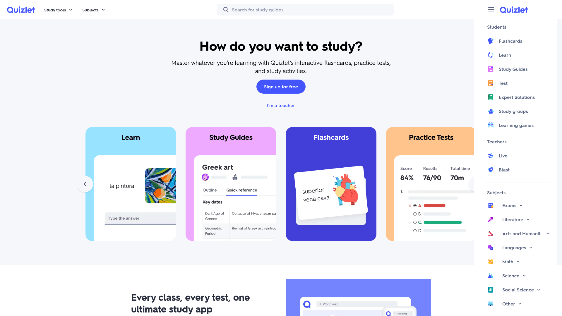 Interface Quizlet, Estude de Forma Inteligente e Eficaz, exibindo funcionalidades