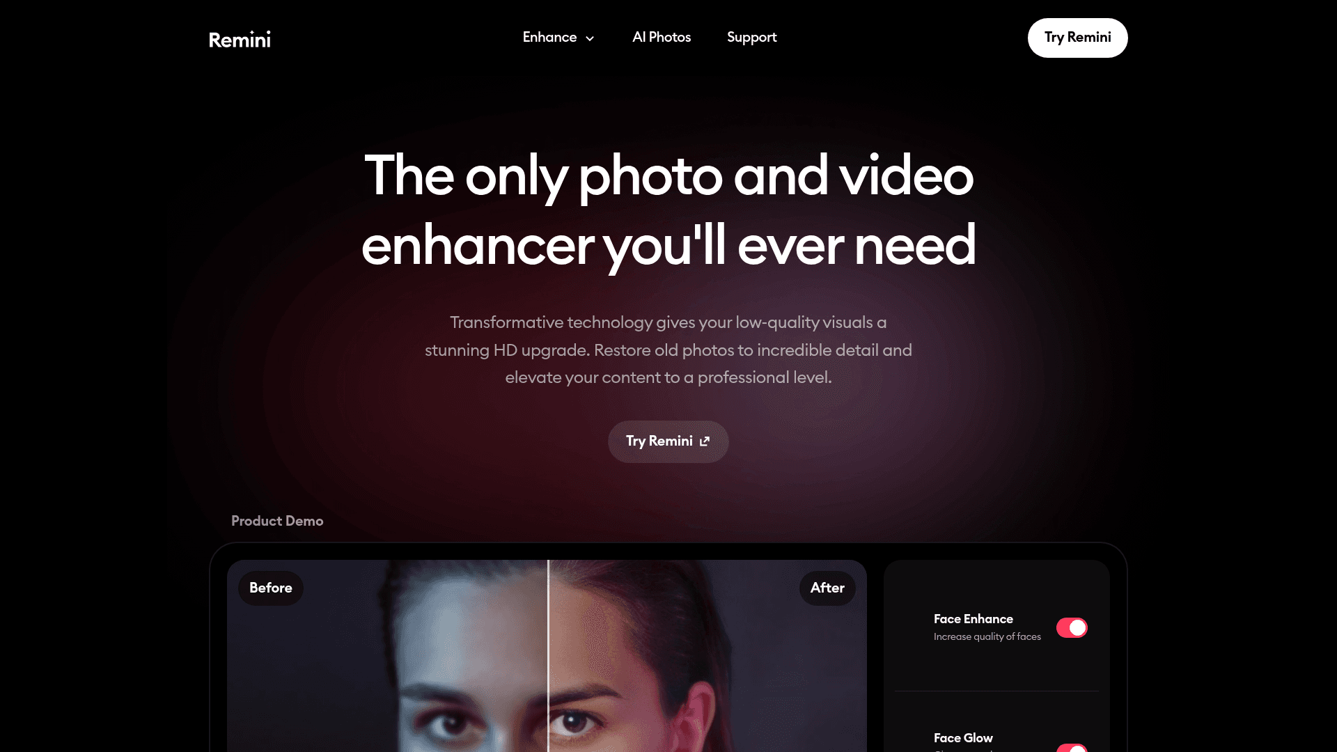 Interface Remini, Melhorador de Foto e Vídeo com IA, exibindo funcionalidades