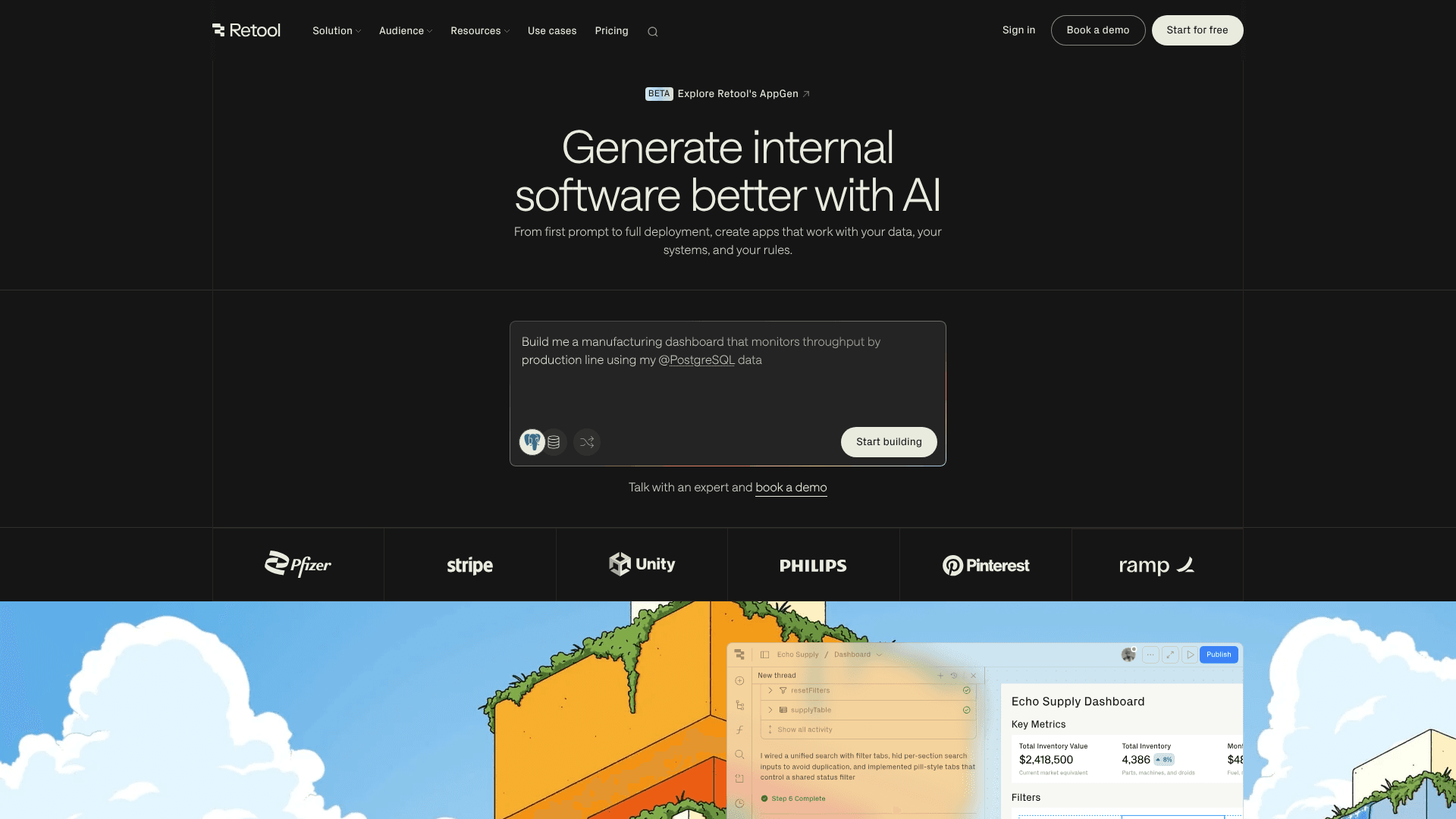 Interface Retool, Gere software interno com IA, exibindo funcionalidades