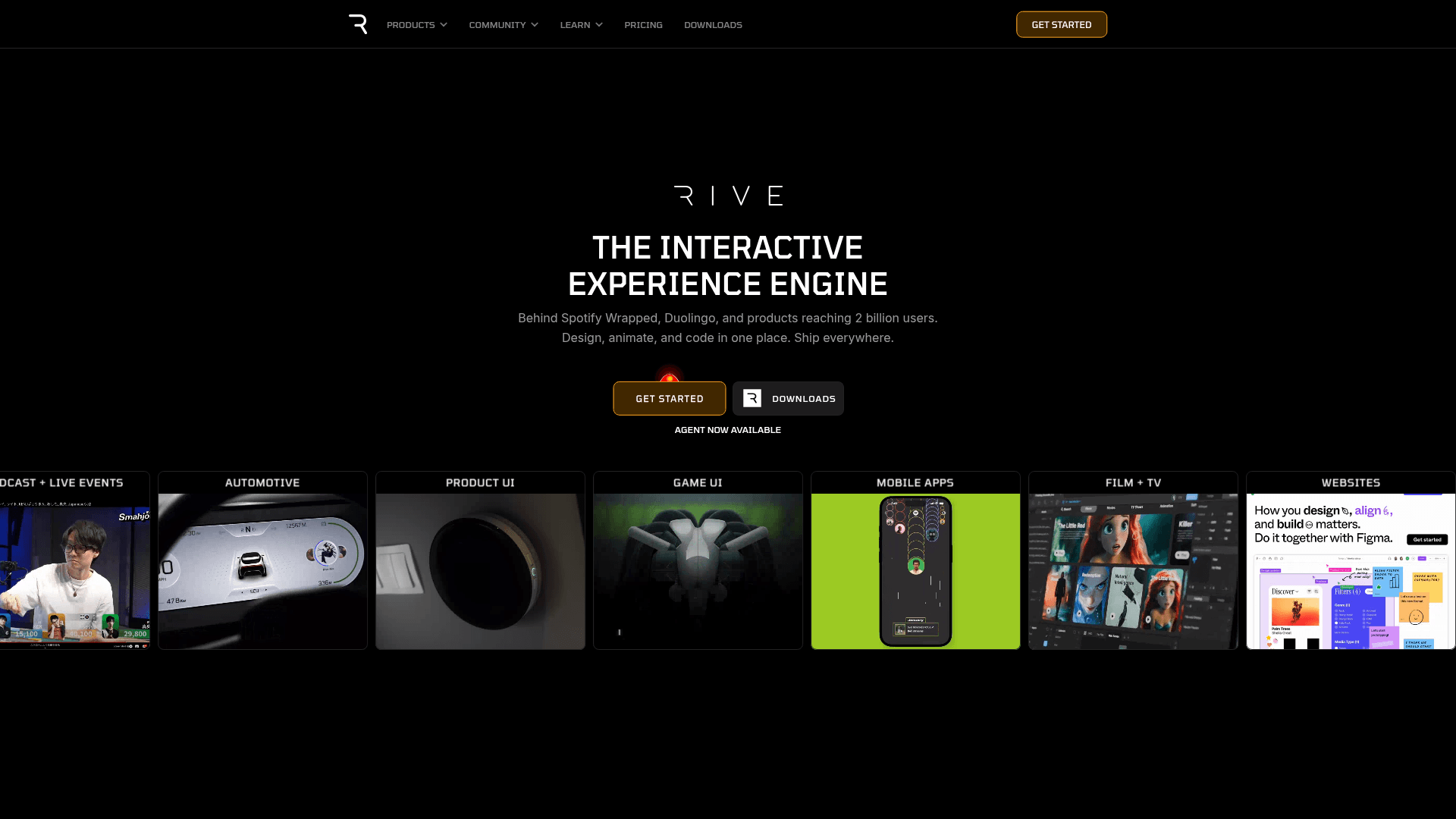 Interface Rive, Engine Interativo para Experiências Digitais, exibindo funcionalidades