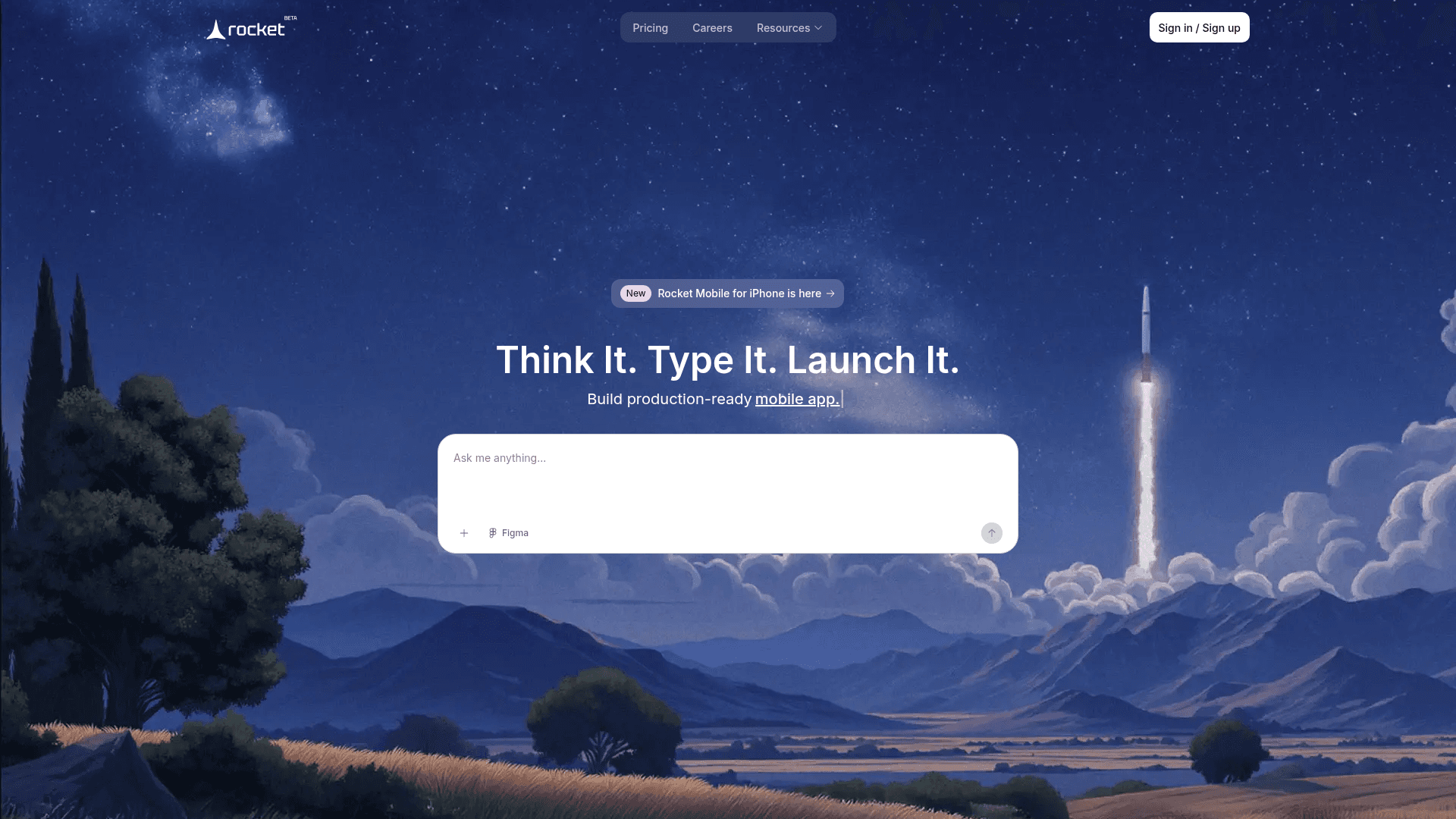 Interface Rocket, Crie Apps com IA em Minutos, exibindo funcionalidades