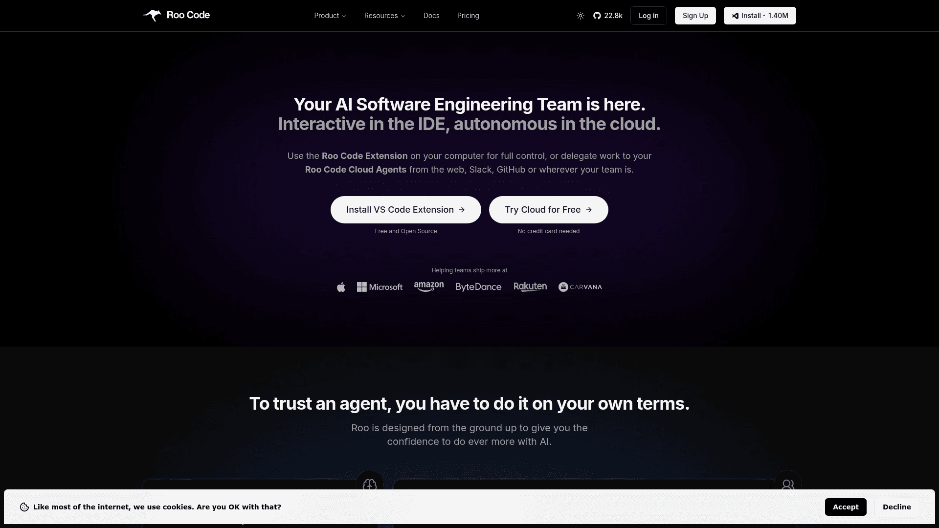 Interface Roo Code, Sua Equipe de Engenharia de IA está aqui, exibindo funcionalidades