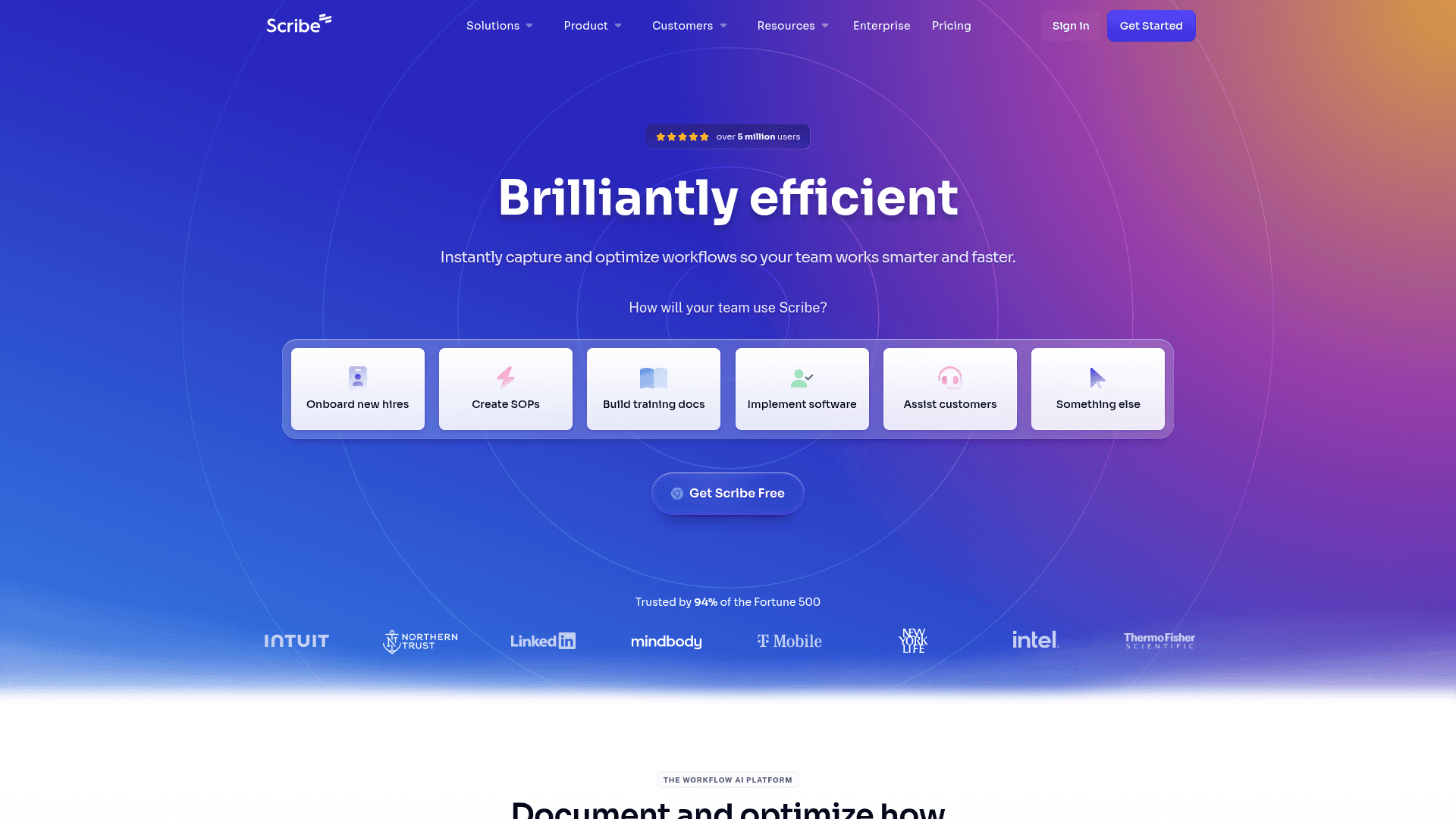 Interface Scribe, Otimize Fluxos de Trabalho com IA, exibindo funcionalidades