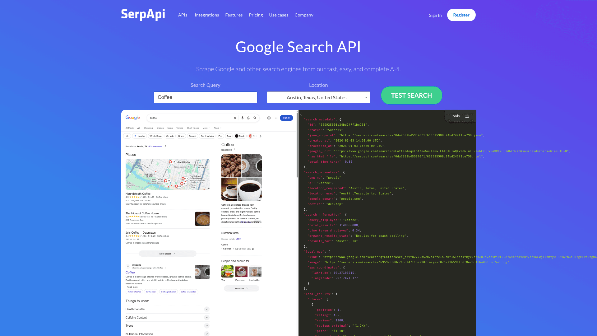 Interface SerpApi, API para Raspagem de Mecanismos de Busca, exibindo funcionalidades