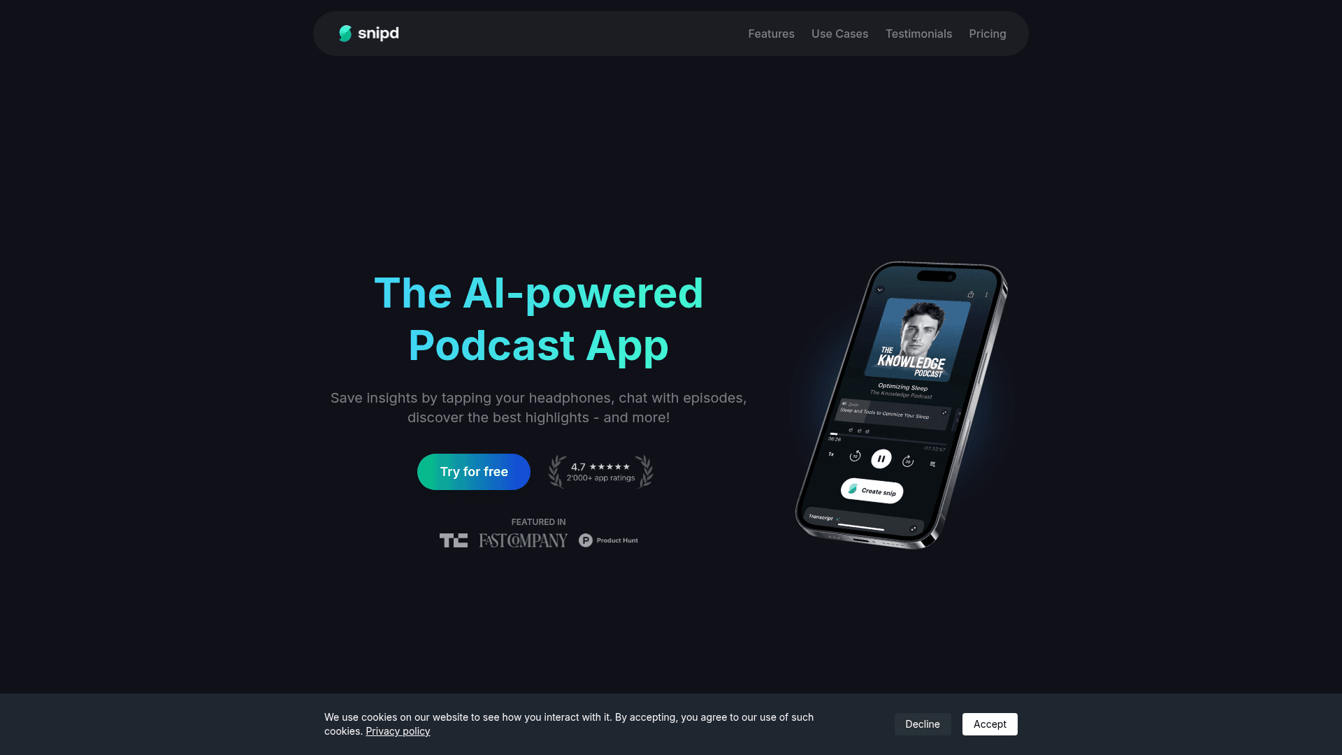 Interface Snipd, O App de Podcast com IA para Insights Poderosos, exibindo funcionalidades