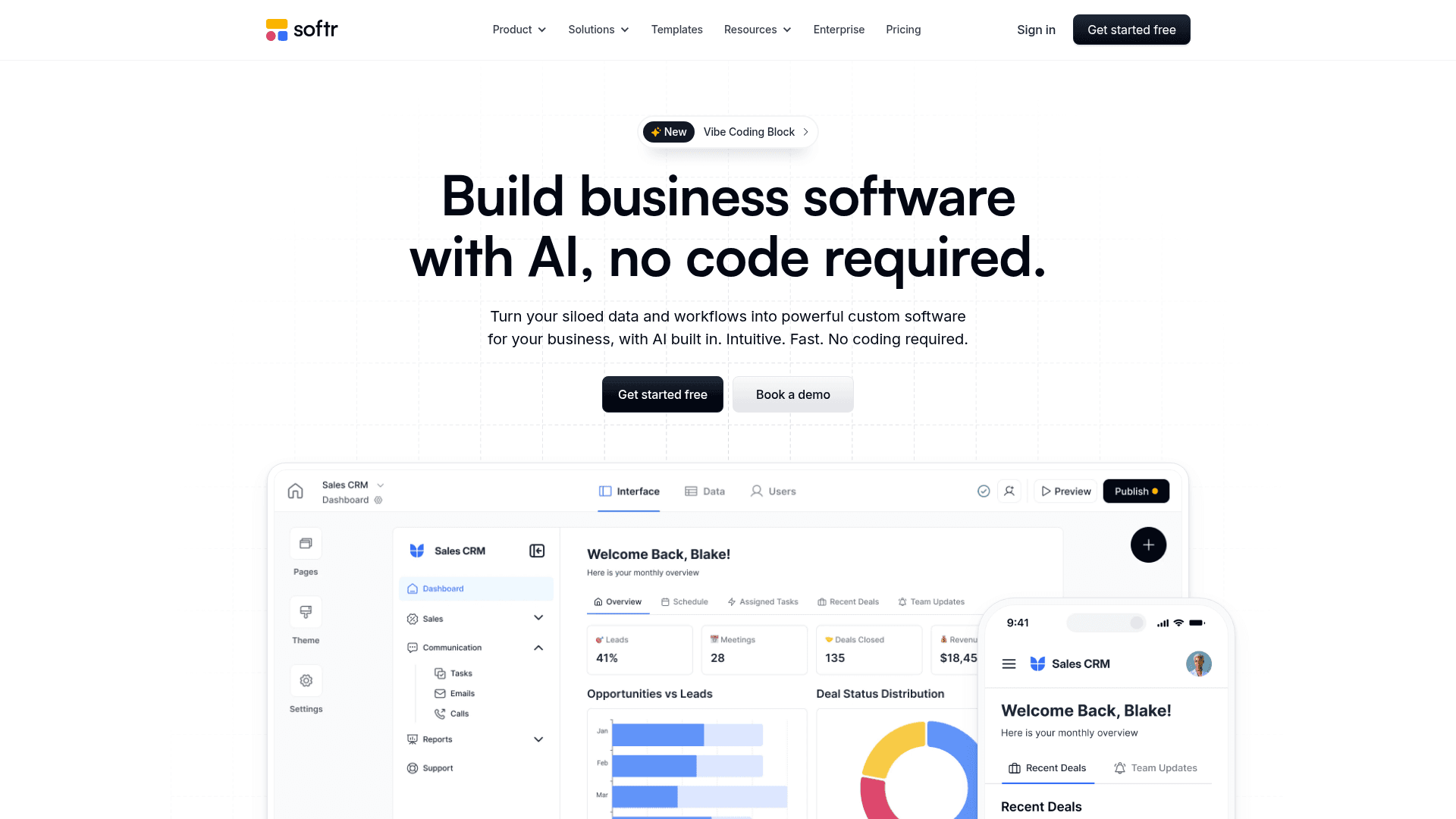 Interface Softr, Crie software de negócios com IA, sem código, exibindo funcionalidades