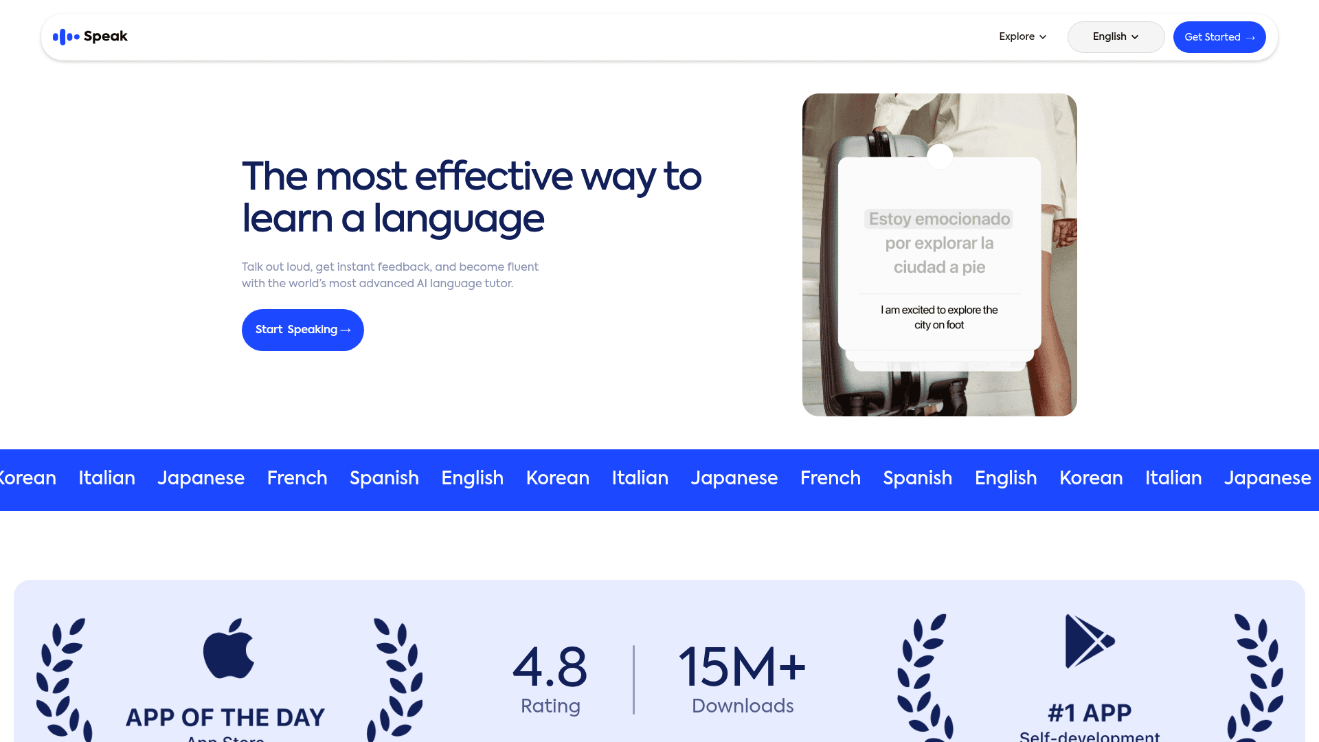 Interface Speak, Seu Tutor de Idiomas com IA, exibindo funcionalidades
