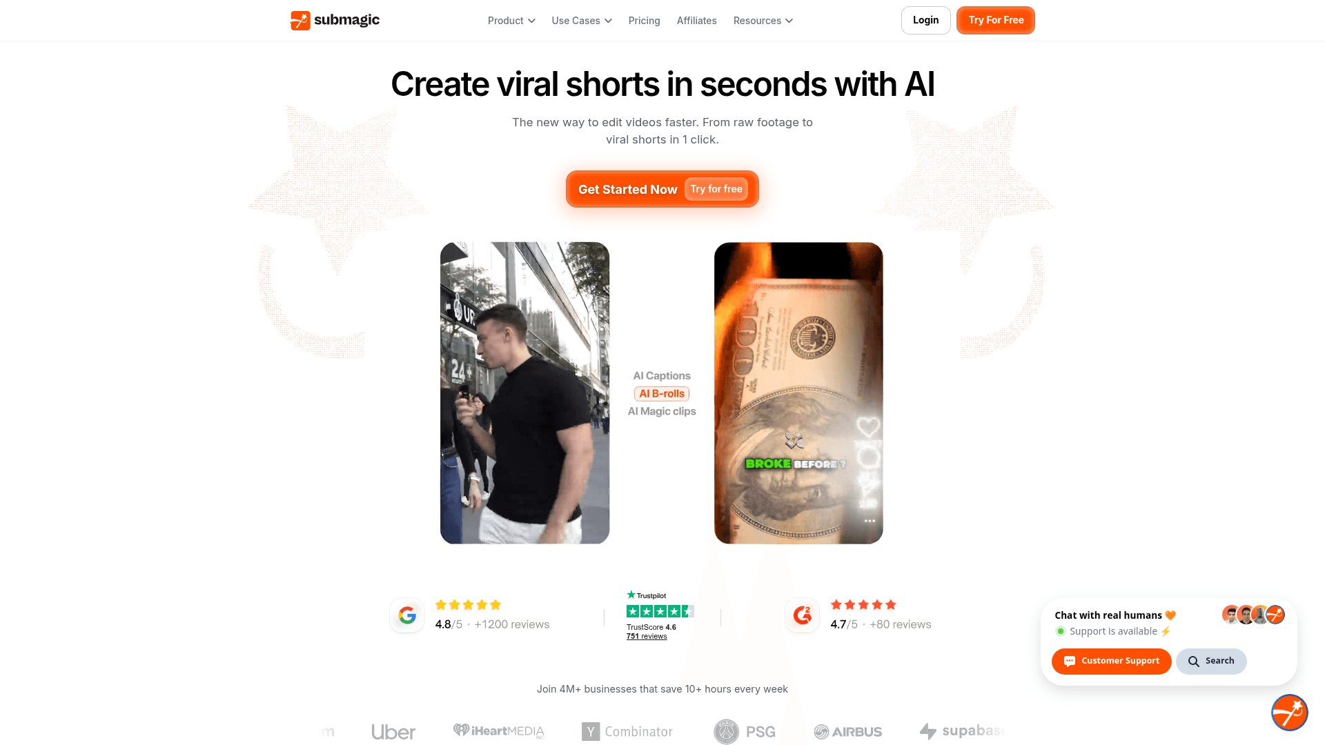 Interface Submagic, Crie shorts virais em segundos com IA, exibindo funcionalidades