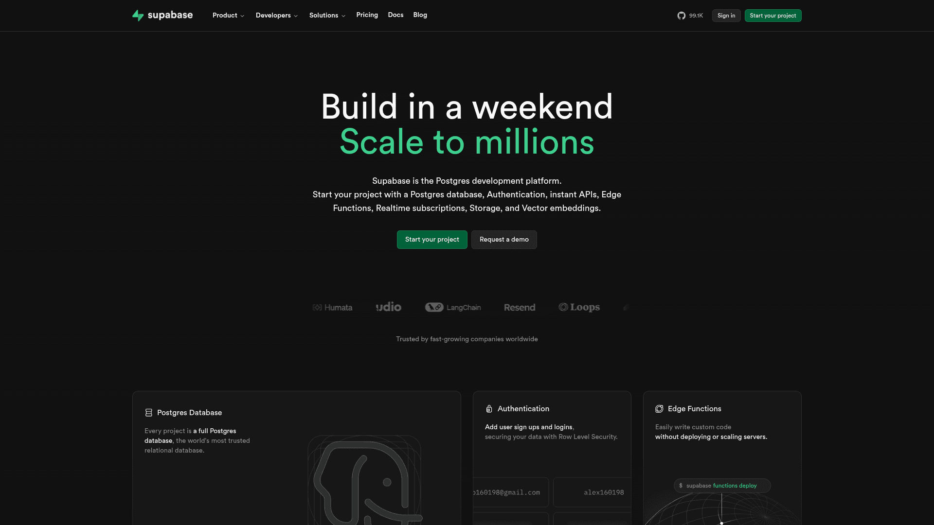Interface Supabase, Plataforma de Desenvolvimento Postgres, exibindo funcionalidades