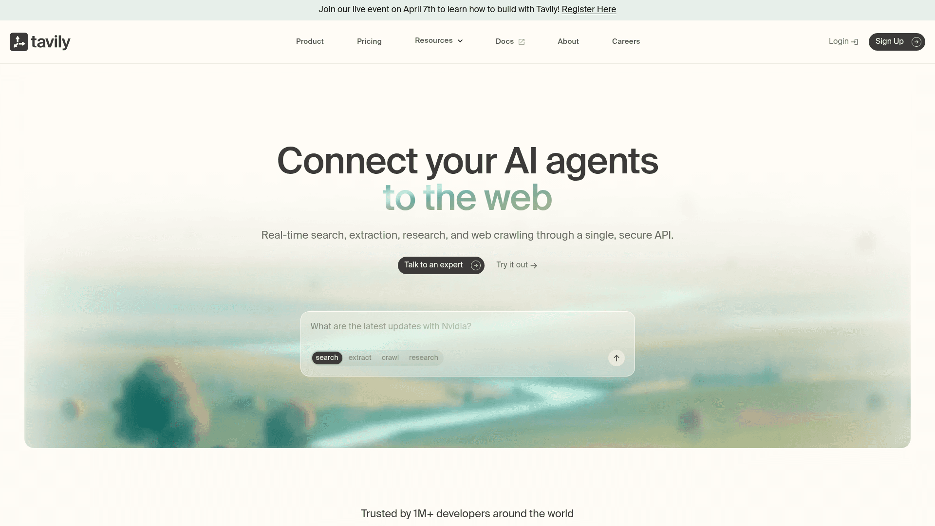 Interface Tavily, Conecte Seus Agentes de IA à Web, exibindo funcionalidades