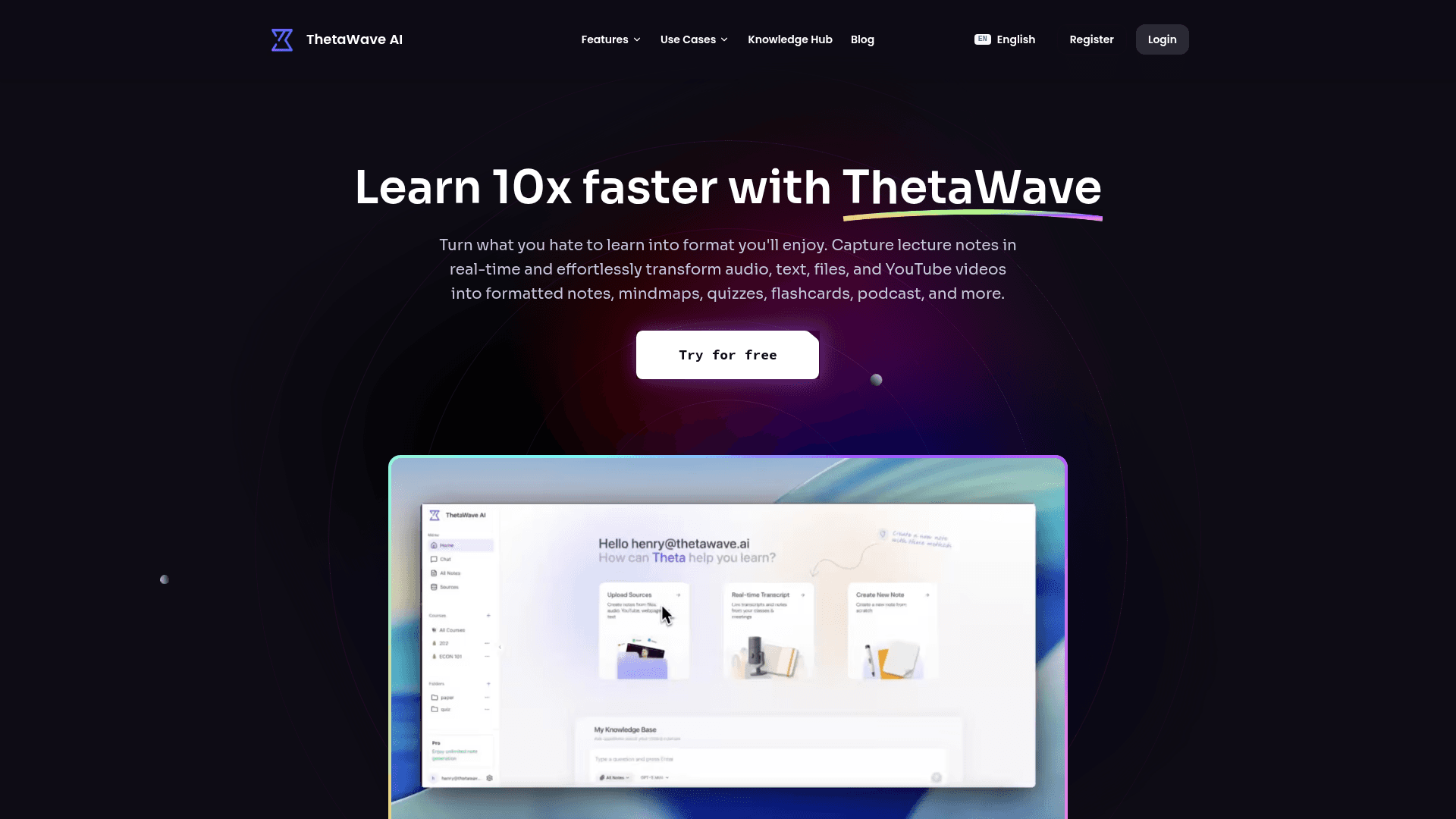 Interface ThetaWave AI, Desbloqueie Insights Profundos com IA, exibindo funcionalidades