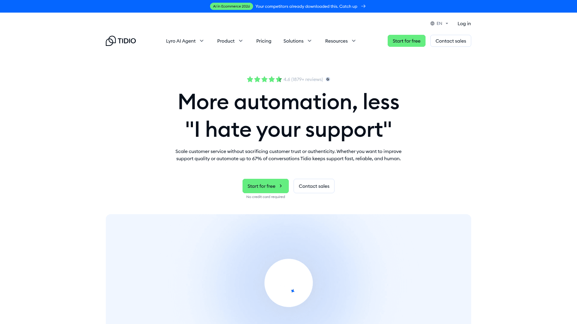 Interface Tidio, Mais automação, menos insatisfação do cliente, exibindo funcionalidades
