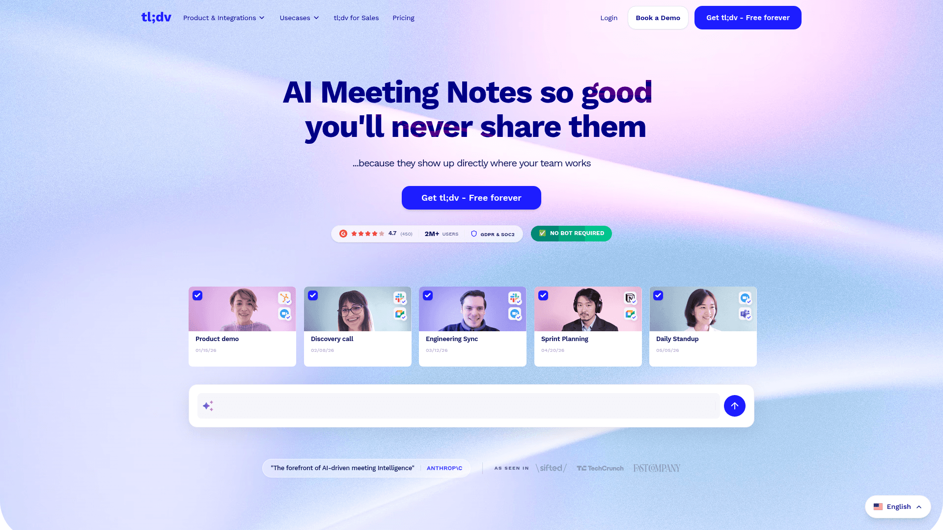 Interface tl;dv, Inteligência de Reunião com IA para Equipes, exibindo funcionalidades