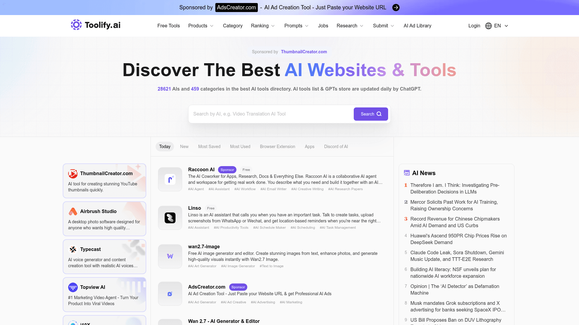 Interface Toolify.ai, Descubra as Melhores Ferramentas e Sites de IA, exibindo funcionalidades