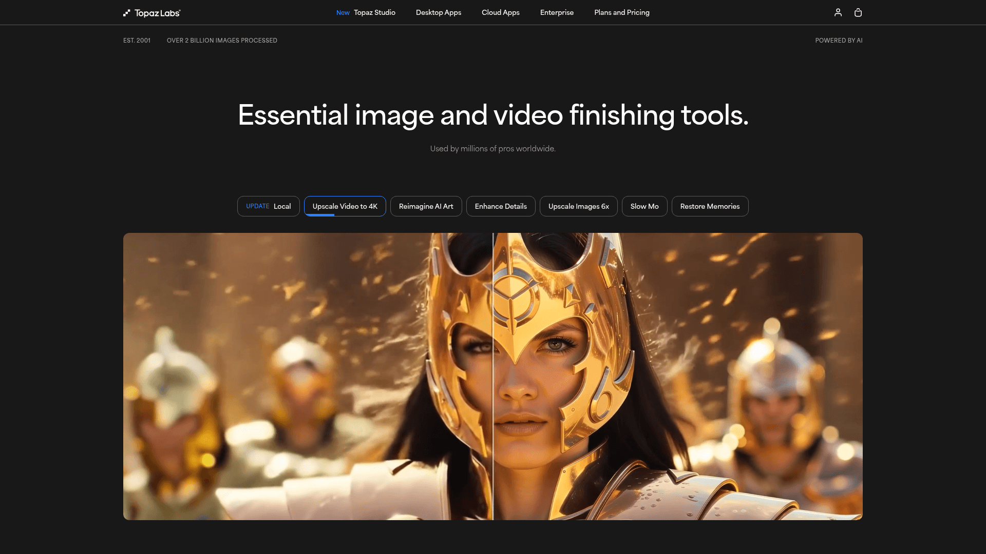 Interface Topaz Labs, Ferramentas de IA para Edição de Imagens e Vídeos, exibindo funcionalidades