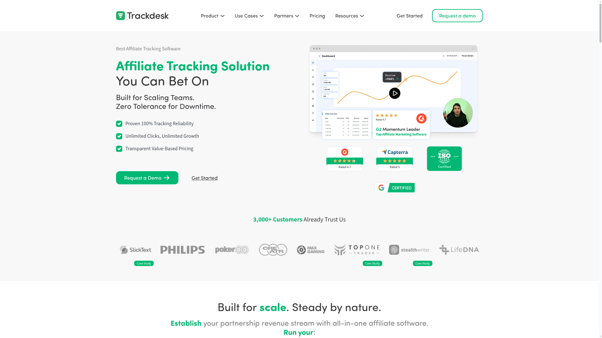 Interface Trackdesk, Rastreamento de Afiliados sem Limites, exibindo funcionalidades