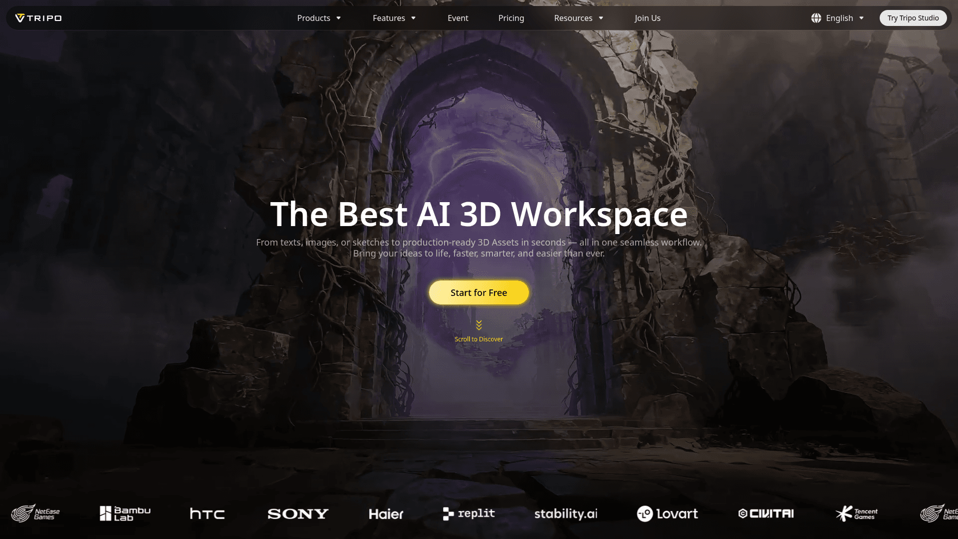 Interface Tripo, Crie Modelos 3D Facilmente com IA, exibindo funcionalidades