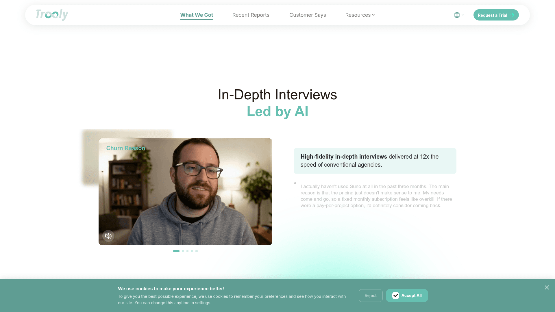 Interface Trooly, Entrevistas a Fundo com Aceleração de IA, exibindo funcionalidades