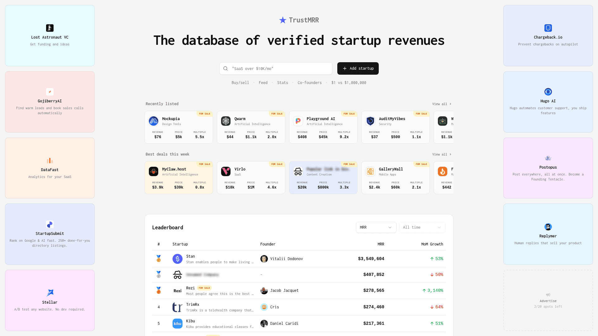 Interface TrustMRR, A Base de Dados de Receitas de Startups Verificadas, exibindo funcionalidades