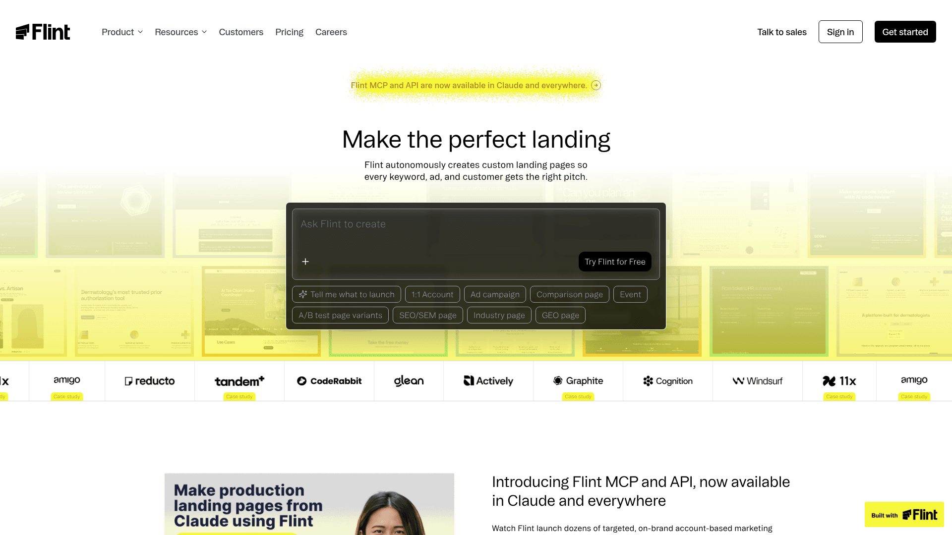 Interface Flint, Crie Landing Pages Otimizadas com IA, exibindo funcionalidades