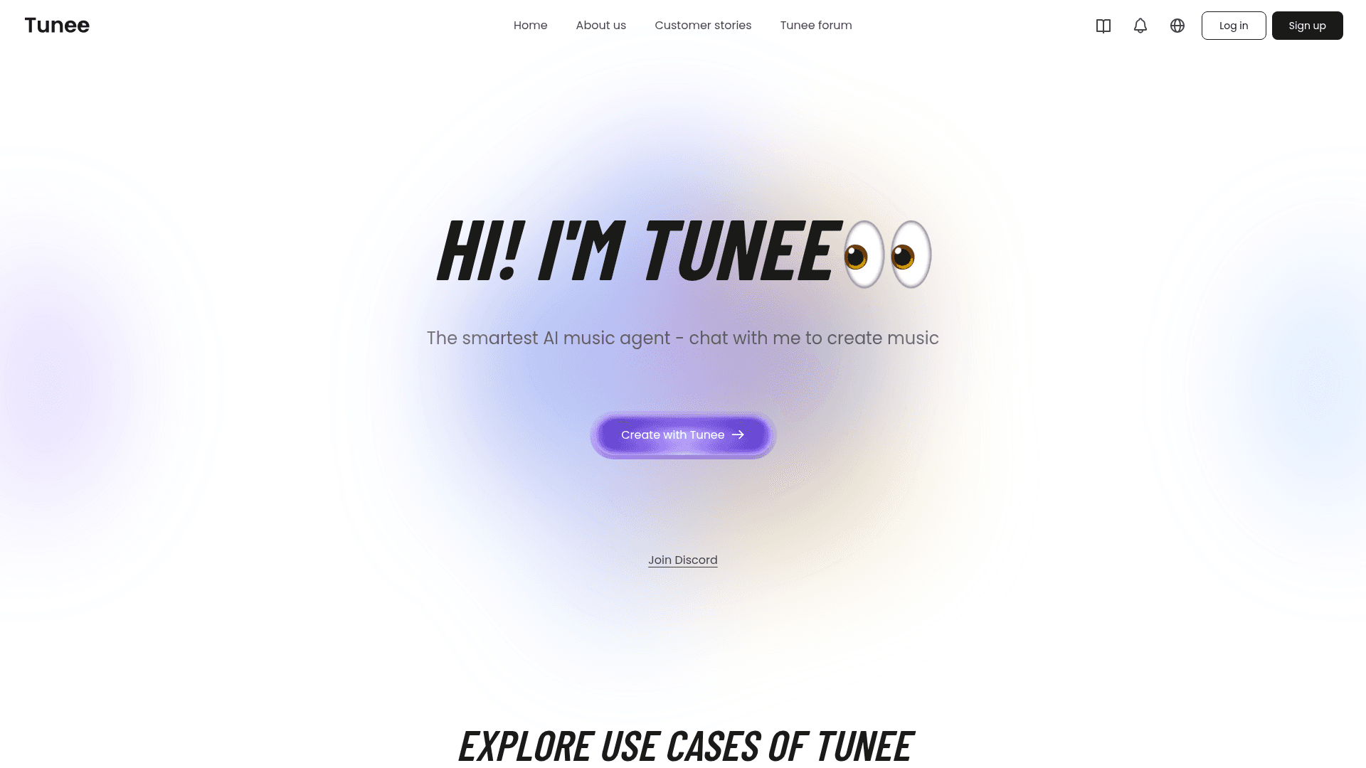 Interface Tunee, Crie Música com IA e Conversas Naturais, exibindo funcionalidades
