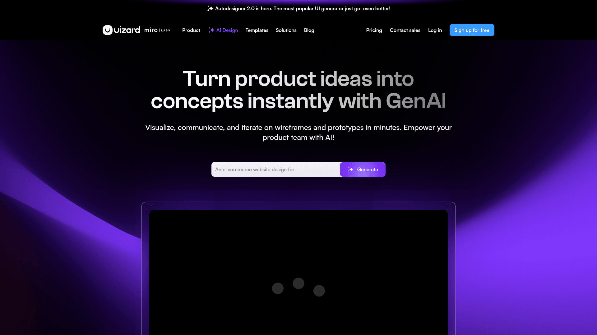 Interface Uizard, Transforme Ideias em Interfaces com IA, exibindo funcionalidades