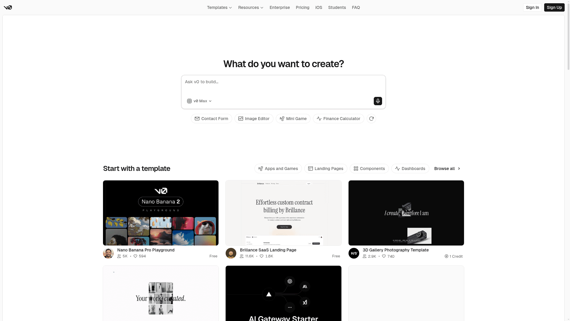 Interface v0, A Engenheira de Interface do Usuário da Vercel, exibindo funcionalidades