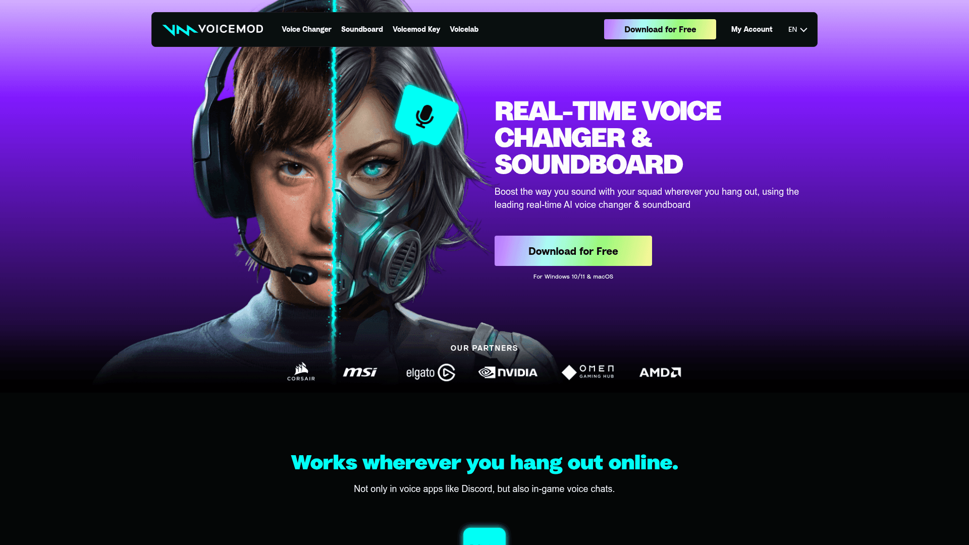 Interface Voicemod, Modificador de voz IA em tempo real, exibindo funcionalidades