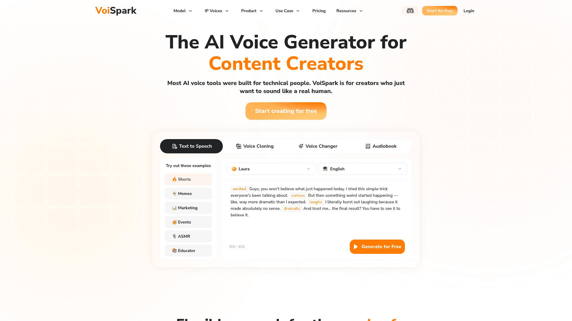 Interface VoiSpark, TTS e Clonagem de Voz de Alta Qualidade, exibindo funcionalidades