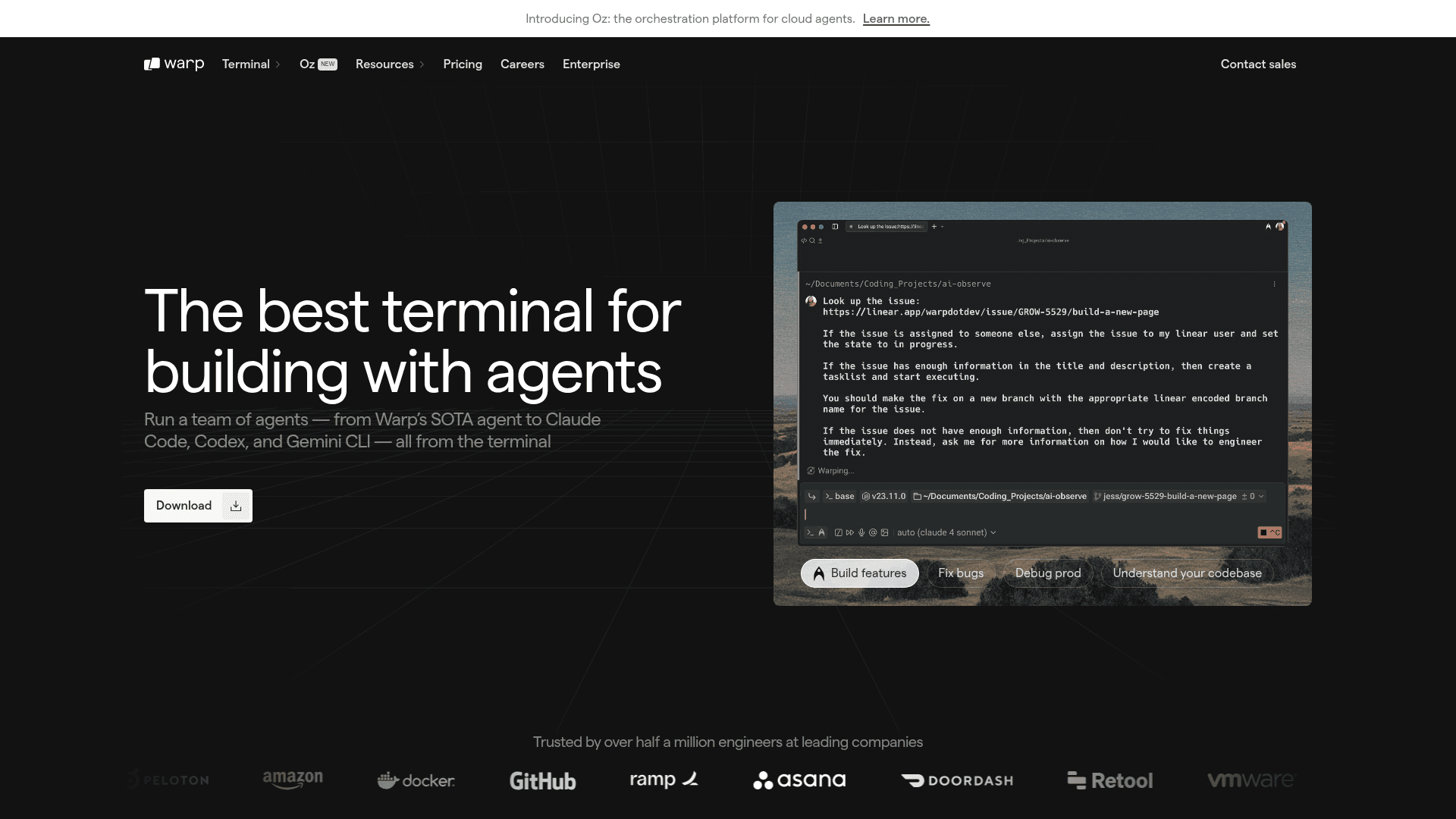 Interface Warp, Terminal líder para desenvolver com agentes de IA, exibindo funcionalidades