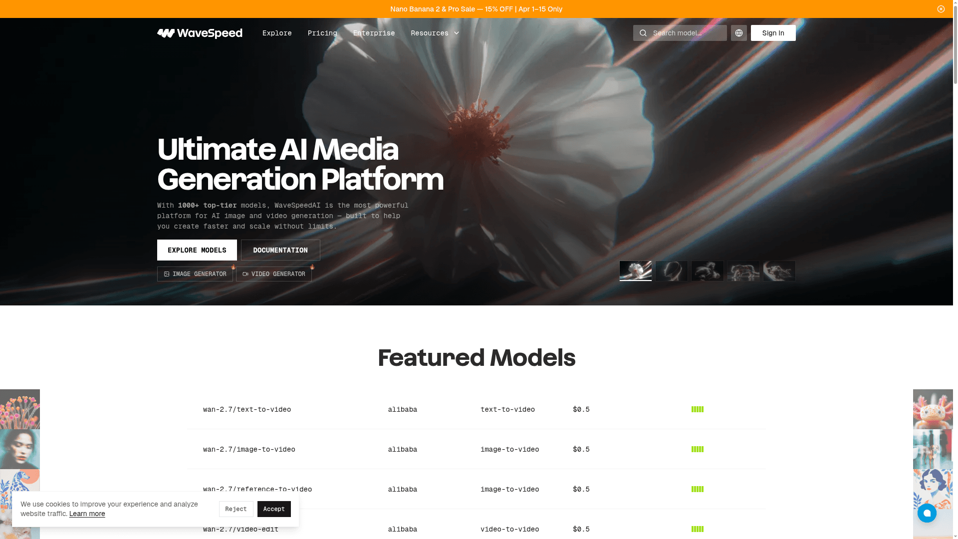 Interface WAVSPEED.AI, Geração Rápida e de Alta Qualidade com IA, exibindo funcionalidades