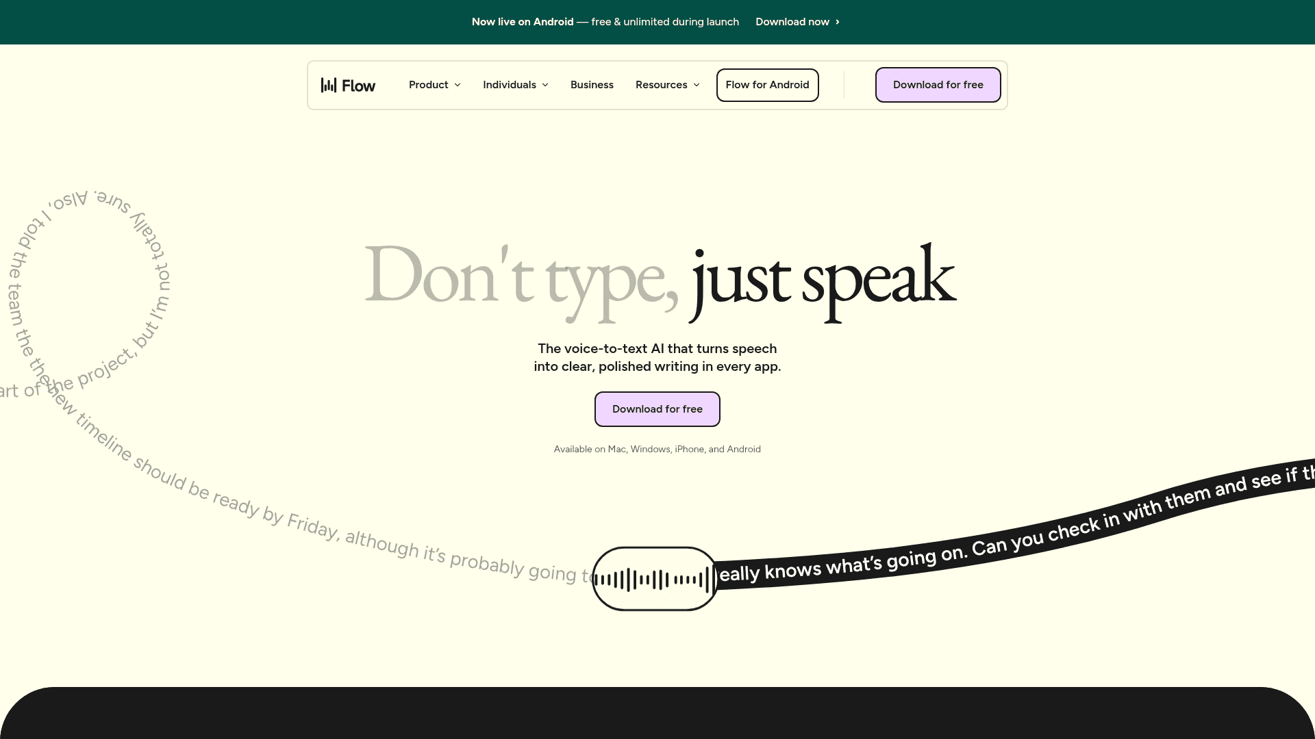 Interface Wispr, Transcrição de Voz Inteligente para Escrita Polida, exibindo funcionalidades