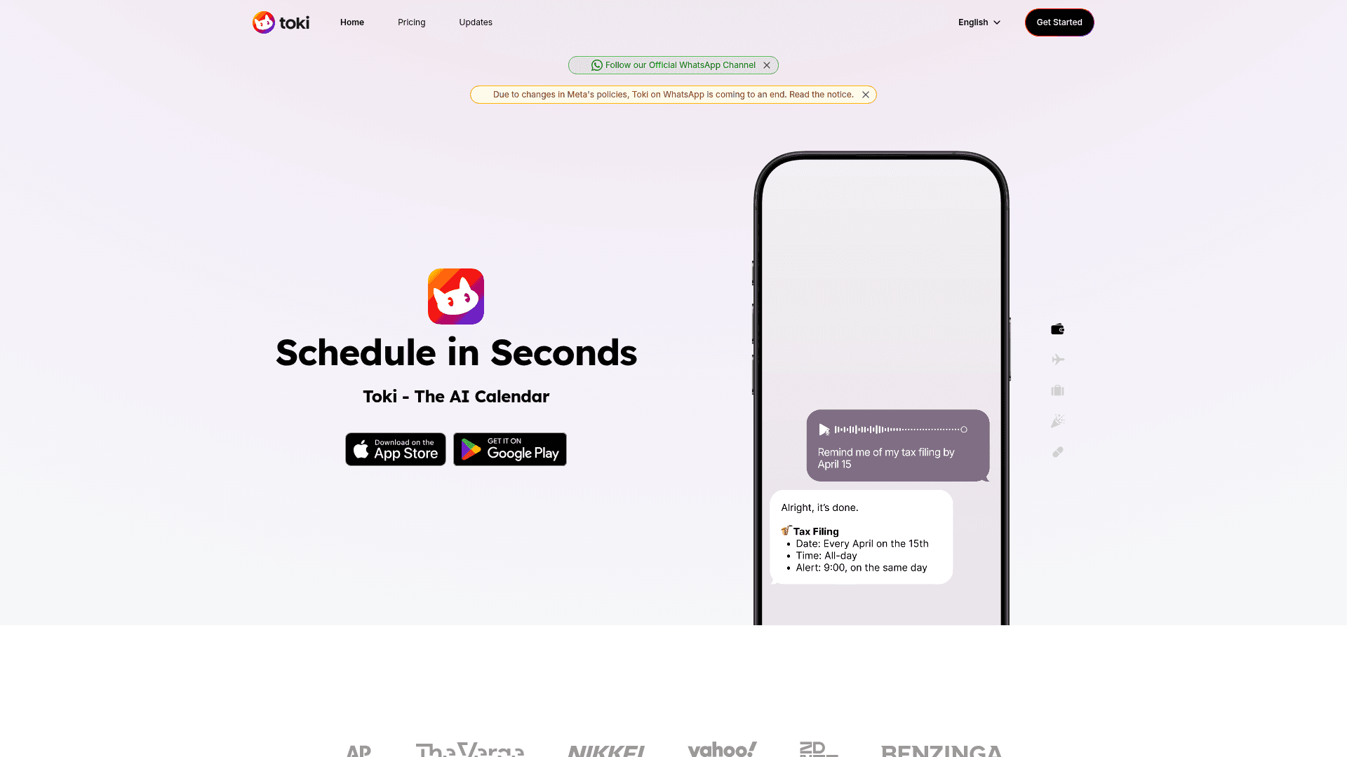 Interface Toki, Seu Calendário Inteligente com IA, exibindo funcionalidades