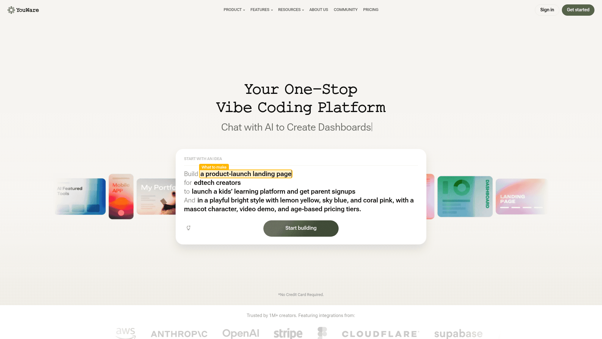 Interface YouWare, Plataforma de Código com IA, exibindo funcionalidades